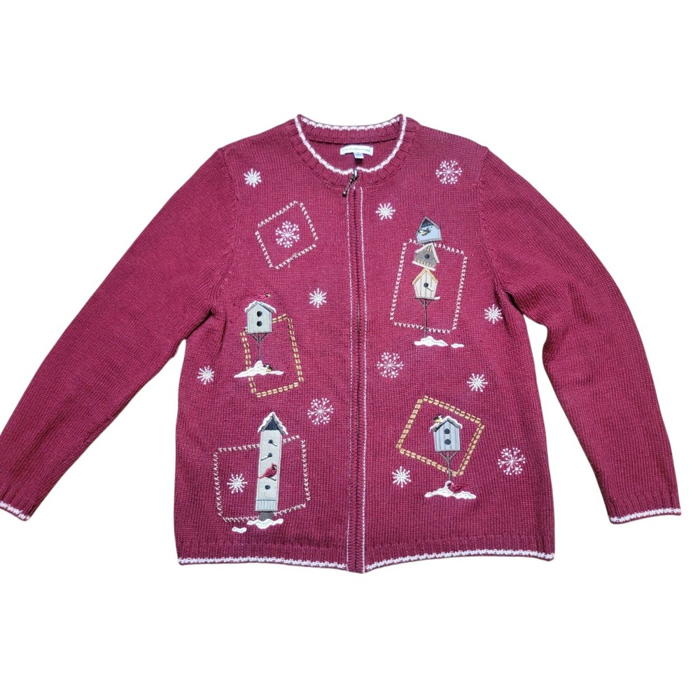 Craft & Barrow Zipper Knit Sweater Red Cardinal Bird Houses Christmas Winter...